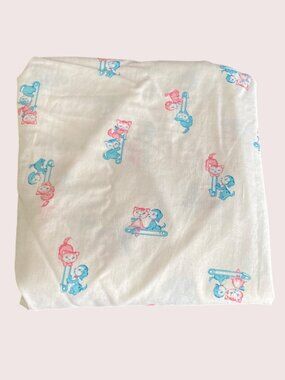 VTG Crib Sheet Fitted Cat Dog Safety Pin White Blue Pink No Tag Stain